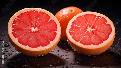 Grapefruits on a table in front of a black background  Generative AI