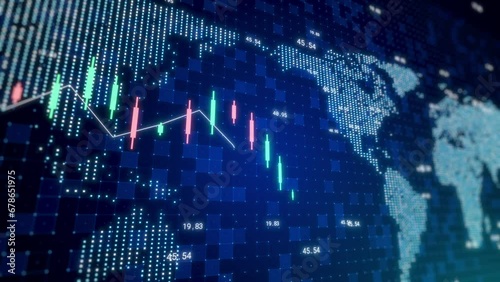 stock market crypto currency concept with digital indicators, world map abstract background