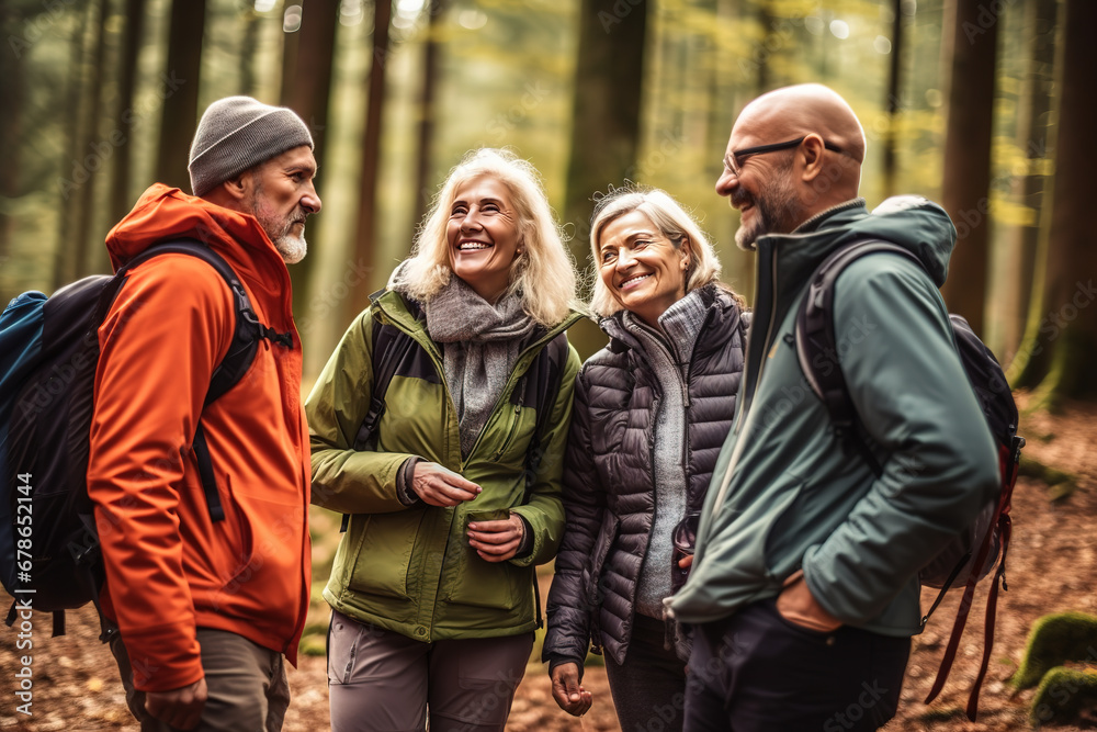 Fototapeta premium Mature people taking a break during hiking in the nature. Travel, freedom, active senior lifestyle concept.