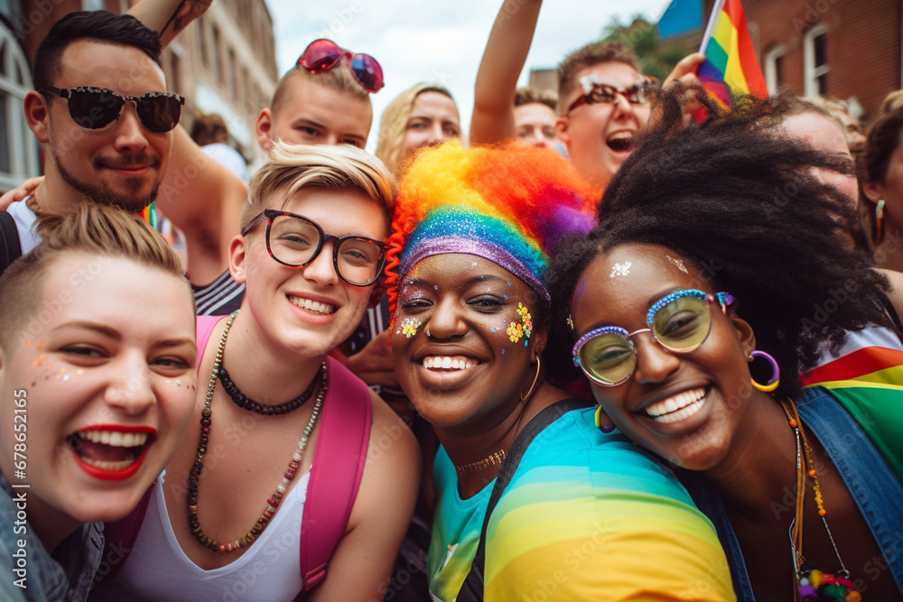 Joyful celebration of diversity at a pride event: Diverse group of people from various cultural backgrounds celebrating together in a vibrant, inclusive atmosphere Joyful celebration of diversity at a pride event: Diverse group of people from various cultural backgrounds celebrating together in a vibrant, inclusive atmosphere