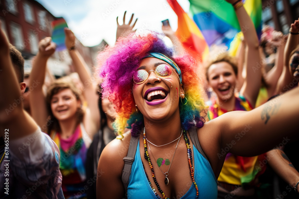 Joyful celebration of diversity at a pride event: Diverse group of people from various cultural backgrounds celebrating together in a vibrant, inclusive atmosphere Joyful celebration of diversity at a pride event: Diverse group of people from various cultural backgrounds celebrating together in a vibrant, inclusive atmosphere