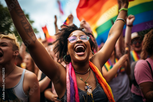 Joyful celebration of diversity at a pride event: Diverse group of people from various cultural backgrounds celebrating together in a vibrant, inclusive atmosphere photo