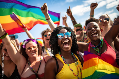 Joyful celebration of diversity at a pride event: Diverse group of people from various cultural backgrounds celebrating together in a vibrant, inclusive atmosphere © Moritz