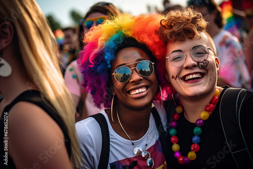 Joyful celebration of diversity at a pride event: Diverse group of people from various cultural backgrounds celebrating together in a vibrant, inclusive atmosphere