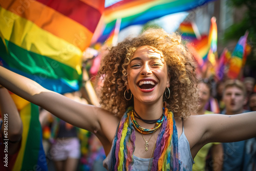 Joyful celebration of diversity at a pride event: Diverse group of people from various cultural backgrounds celebrating together in a vibrant, inclusive atmosphere