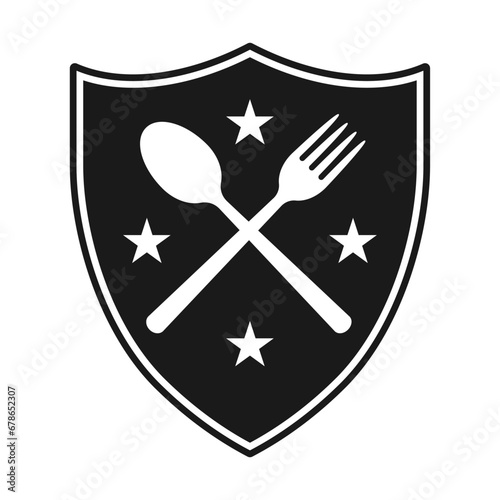 Shield, fork and spoon crossed icon. Coat of arms symbol. Restaurant heraldry logo sign. Vector illustration image.