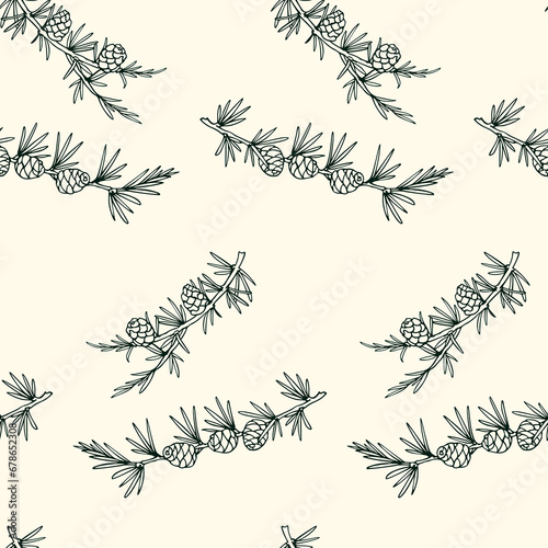 Vector seamless pattern with hand drawn fir branches with cones. Beautiful design elements  ink drawing. Perfect for prints and patterns for Christmas or New Year holidays season.