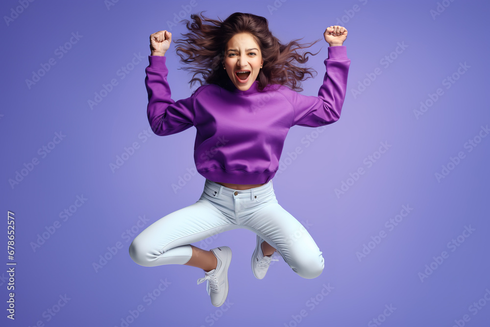 Cheerful positive girl jumping in the air with raised fists looking at camera isolated on violet background. Life people energy concept.