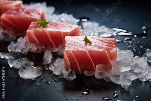 Slices Of Tuna Fish On Ice Cubes
