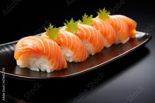 Salmon Sushi On A Black Plate