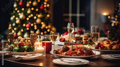 Festive Christmas dinner table with delicious food and snacks, new year’s decorations and Christmas tree in the background