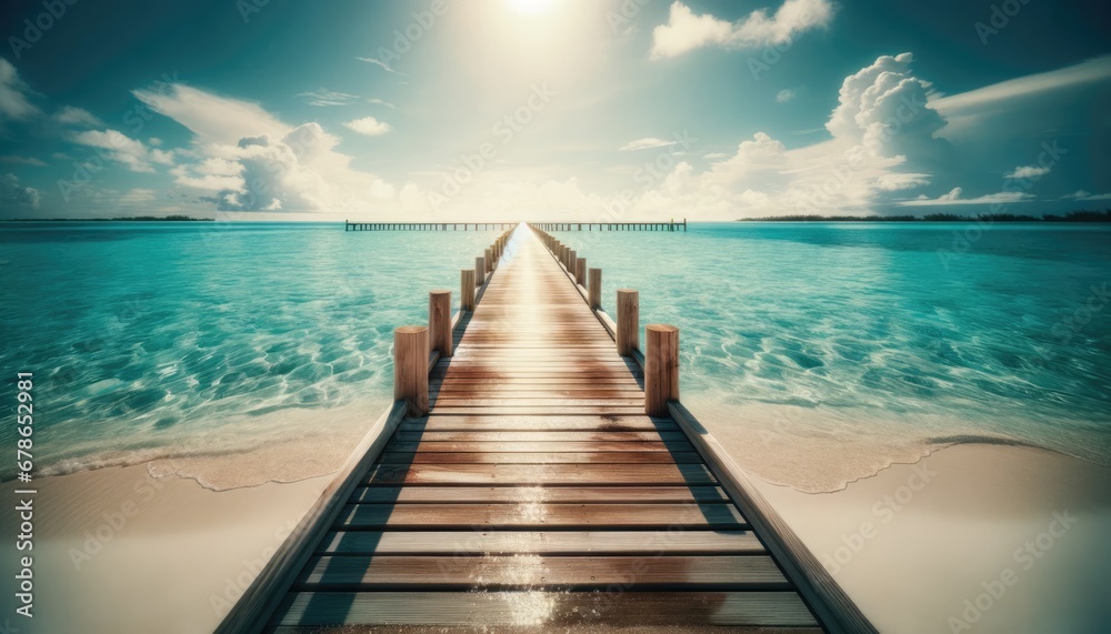 Tranquil Tropical Escape: Wooden Pier Extending into Turquoise Sea.