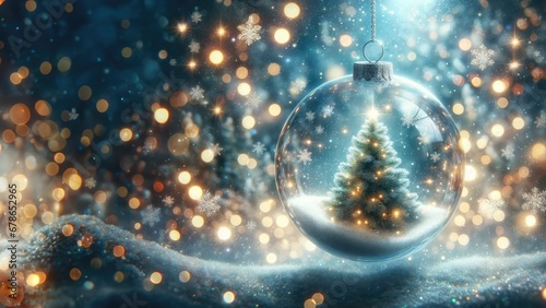 Enchanted Holiday: Christmas Tree in a Glass Bauble with Starry Bokeh.