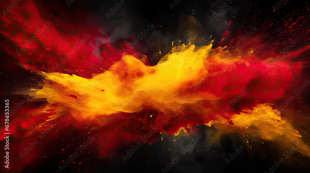 Red and yellow colored powder explosions on black background. Holi paint powder splash.Frozen motion.