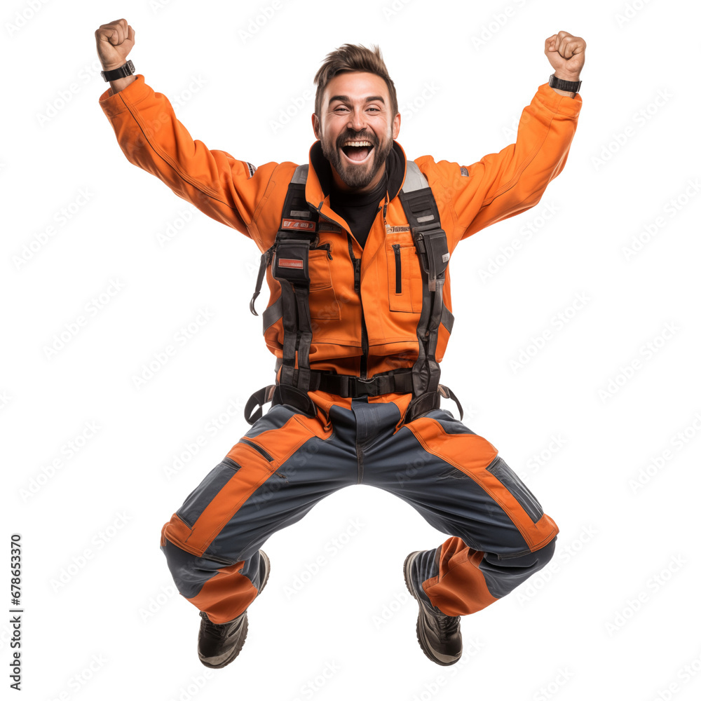 Mechanic worker jumping with joy because of salary increase isolated on white background Mechanic worker jumping with joy because of salary increase isolated on white background