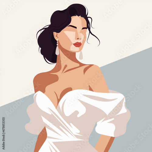 Vector flat fashion illustration, young elegant woman in a stylish modern dress with bare shoulders.
