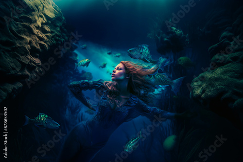 Mermaid underwater, fantasy art. AI generative © LN