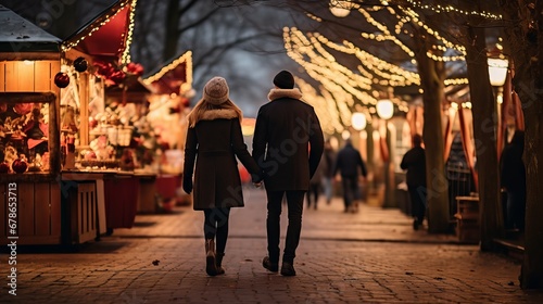 Happy couple strolling through festive Christmas market in winter