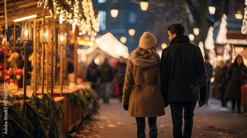 Happy couple strolling through festive Christmas market in winter © Ameer