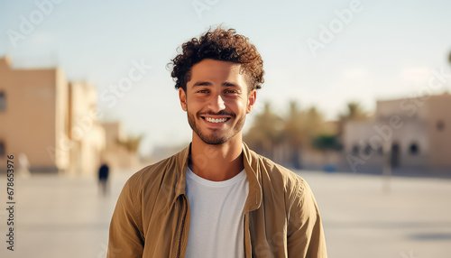 Young bearded Arab man in white T-shirt smiling and looking at the camera in the tropics photo