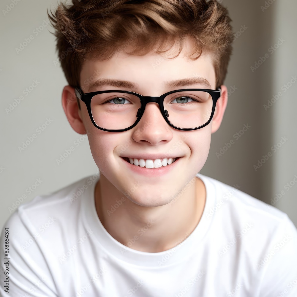 Portrait of a boy with a great smile wearing a T-shirt. Generative AI. Portrait of a boy with a great smile wearing a T-shirt. Generative AI.