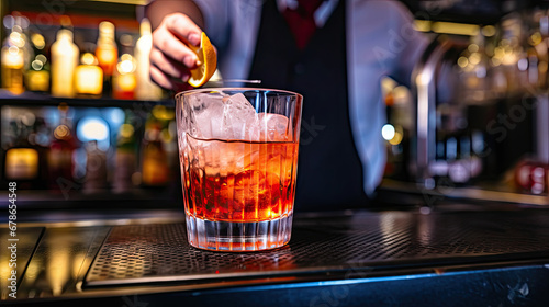 glass of whiskey on bar counter, Man bartender hand making negroni cocktail. Negroni classic cocktail and gin short drink with sweet vermouth, red bitter liqueur photo