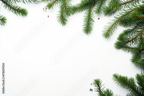 A Serene Winter Scene: White Background with Pine Branches and Pine Cones