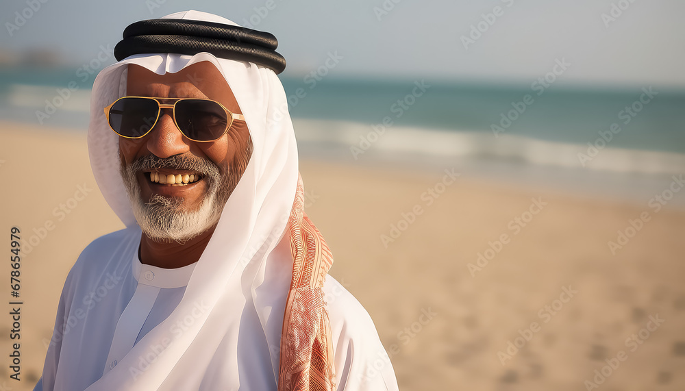 Portrait of an elderly Arab on the beach - obrazy, fototapety, plakaty 