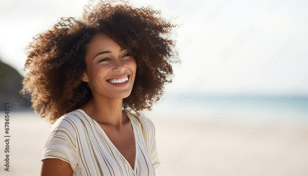 Fototapeta premium Portrait of a young black African woman in white on the beach