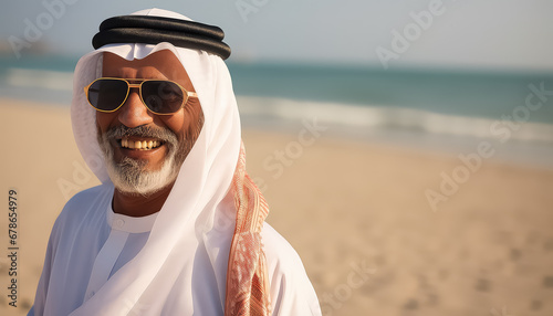 Portrait of an elderly Arab on the beach photo