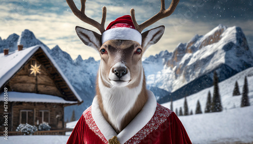 Ilustración del retrato de un reno vestido de santa Claus en un paisaje invernal en una época de invierno y de fiestas de Navidad  photo