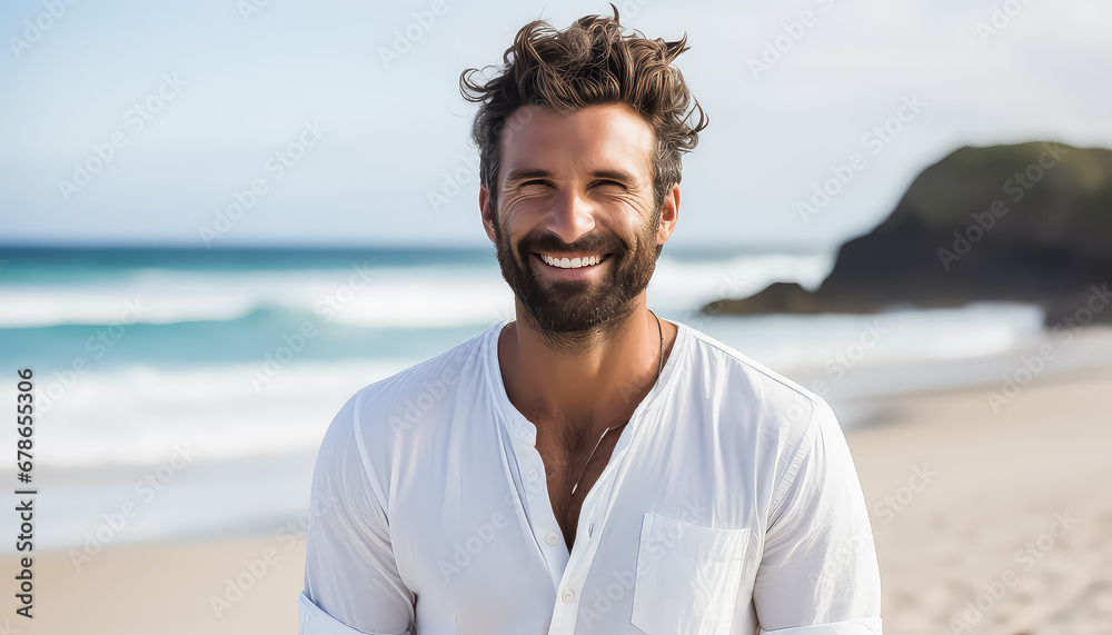 Portrait of a young man with a beard in white on the beach