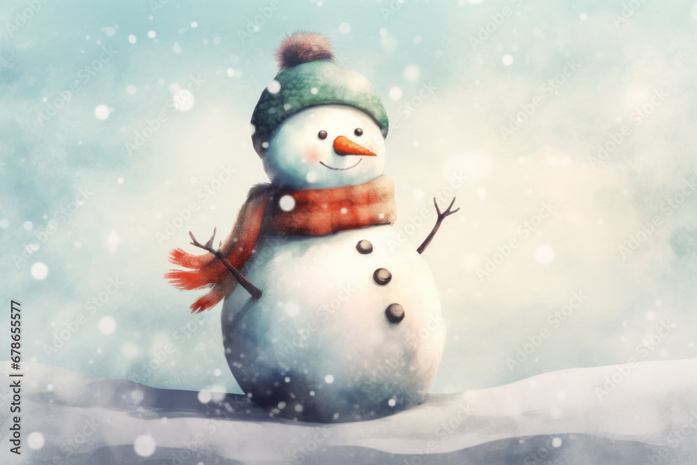Watercolor painting of a snowman. Watercolor snowman in winter snowfall. Winter illustration.