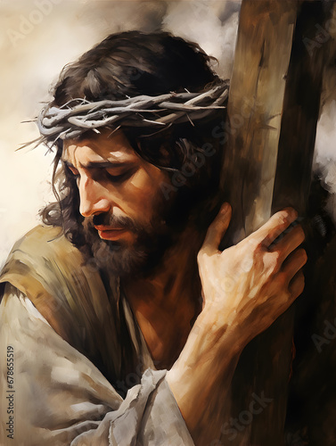 Jesus Christ carrying cross of suffering, symbolizing death, sacrifice and resurrection
