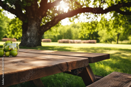 Wood table for family picnic under big tree photo
