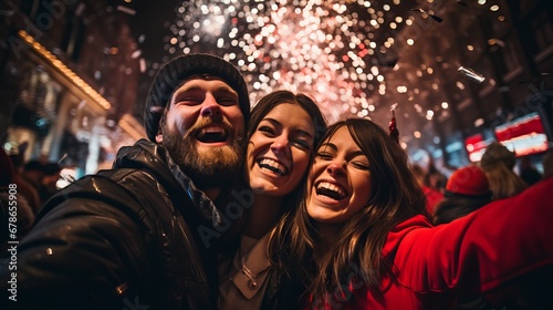 Lifestyle photo of cheerful friends celebrating New Year’s Eve with sparklers