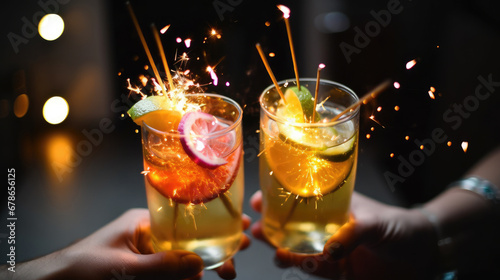 two glasses of champagne, Close-up of friends hands holding three bright delicious cocktails with sparklers. Fruit alcoholic or non-alcoholic beverages. New year party and holiday concept photo