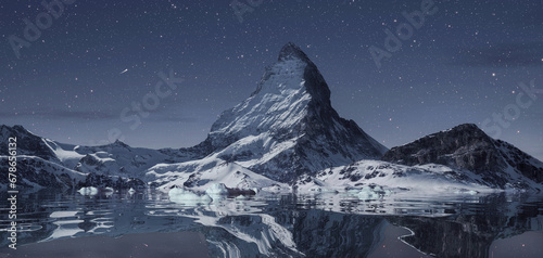 Digital composition of the Matterhorn mountain reflected on the water surface in front of a starry sky at night