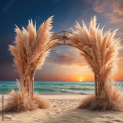 Bohemian beach wedding arch Pampas grass digital wedding backdrop with tailored for sunset photo-shootings
