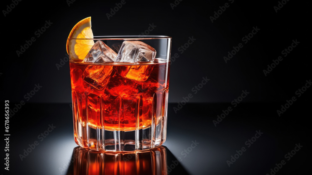glass of cola with ice and lemon, Negroni Cocktail isolated on black background glass of cola with ice and lemon, Negroni Cocktail isolated on black background