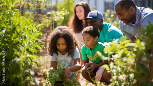 Diverse Community Engaged in Volunteering at a Vibrant Urban Garden. Group of People of Different Races and Ages Working Together in Community Service
