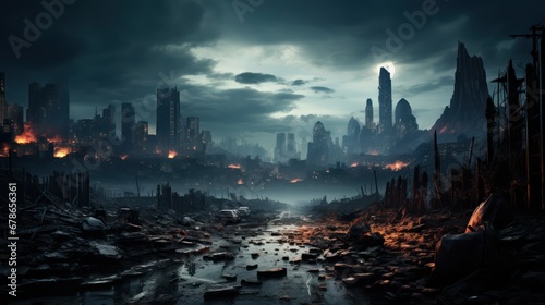 Illustration of a city destroyed by war or natural disaster. 
