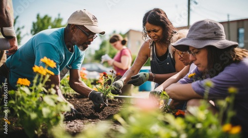 Diverse Community Engaged in Volunteering at a Vibrant Urban Garden. Group of People of Different Races and Ages Working Together in Community Service photo