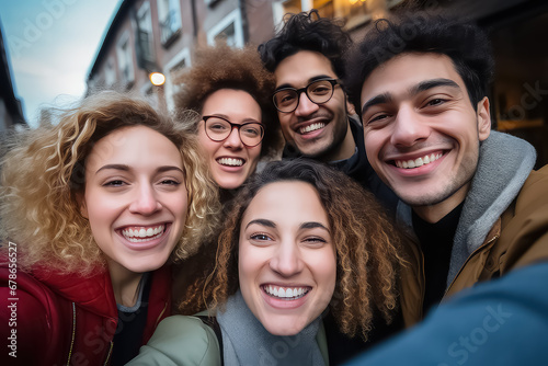 A multiracial group of friends take a selfie on a city street. © terra.incognita