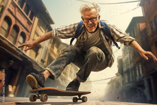 Modern old man riding a skateboard in a skate park