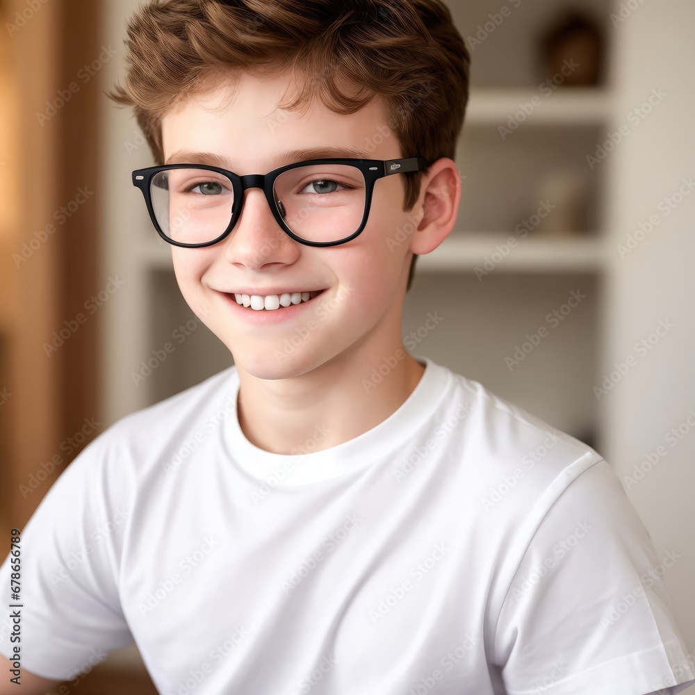 Portrait of a boy with a great smile wearing a T-shirt. Generative AI. Portrait of a boy with a great smile wearing a T-shirt. Generative AI.