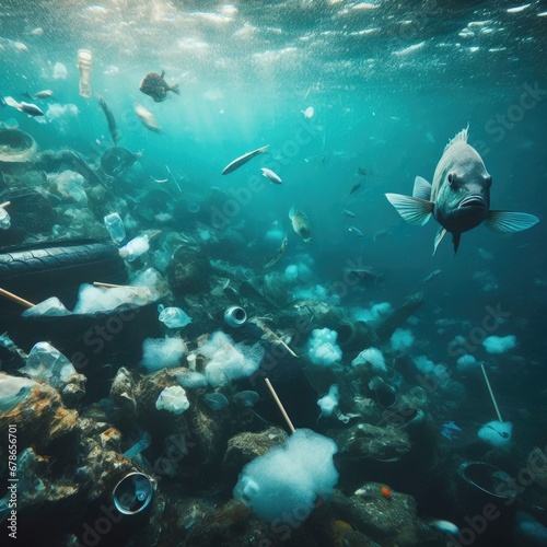 animals fish among garbage.Save animals environmental problems background image © Deanmon
