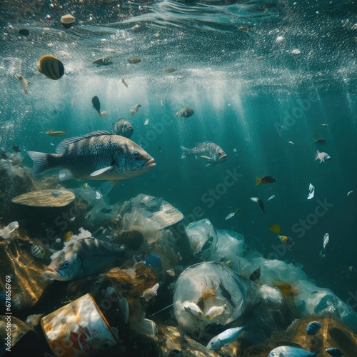 animals fish among garbage.Save animals environmental problems background image © Deanmon