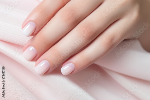 A manicure showcasing nails adorned with a delicate hint of pink at the tips