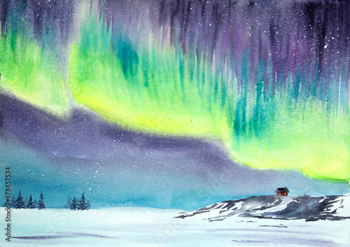 Hand drawn watercolor northern lights landscape. Watercolor aurora.